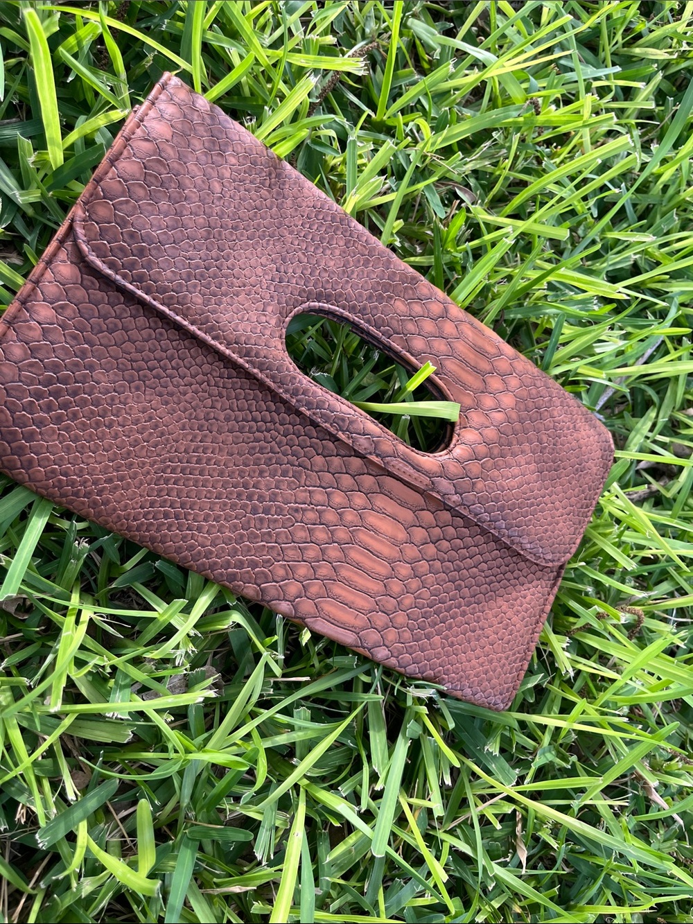 Brown Embossed Leather Clutch Handbag